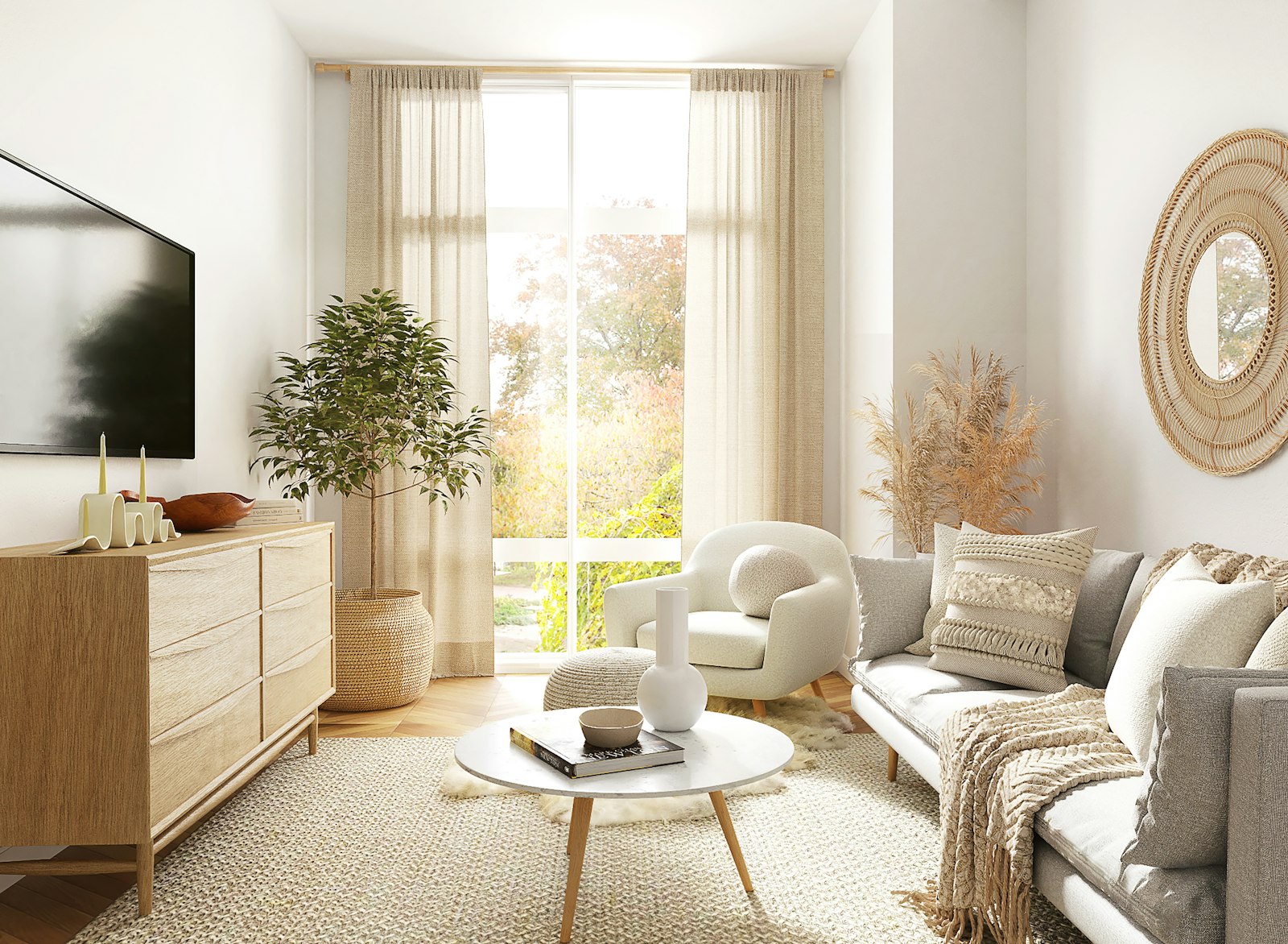 Sunlit living room with large windows